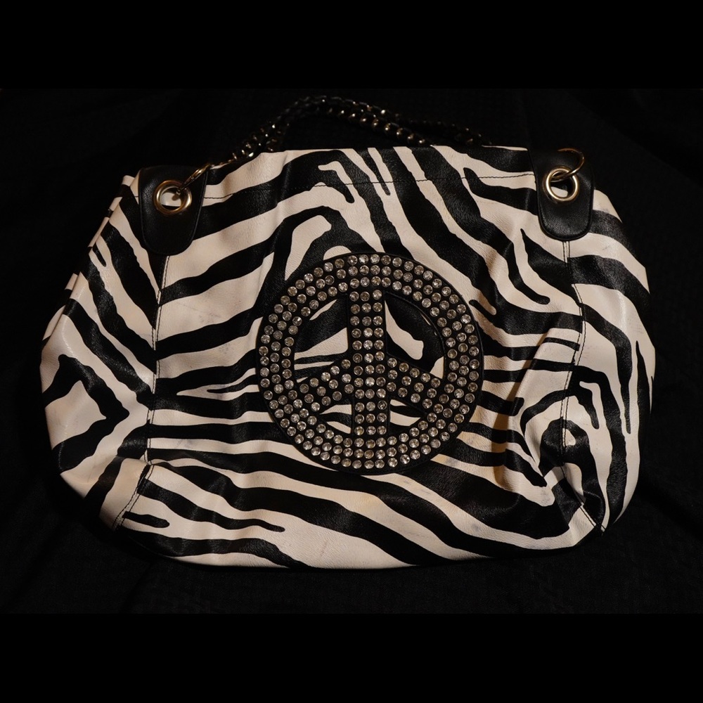 Handbag leather zebra striped with rhinestones